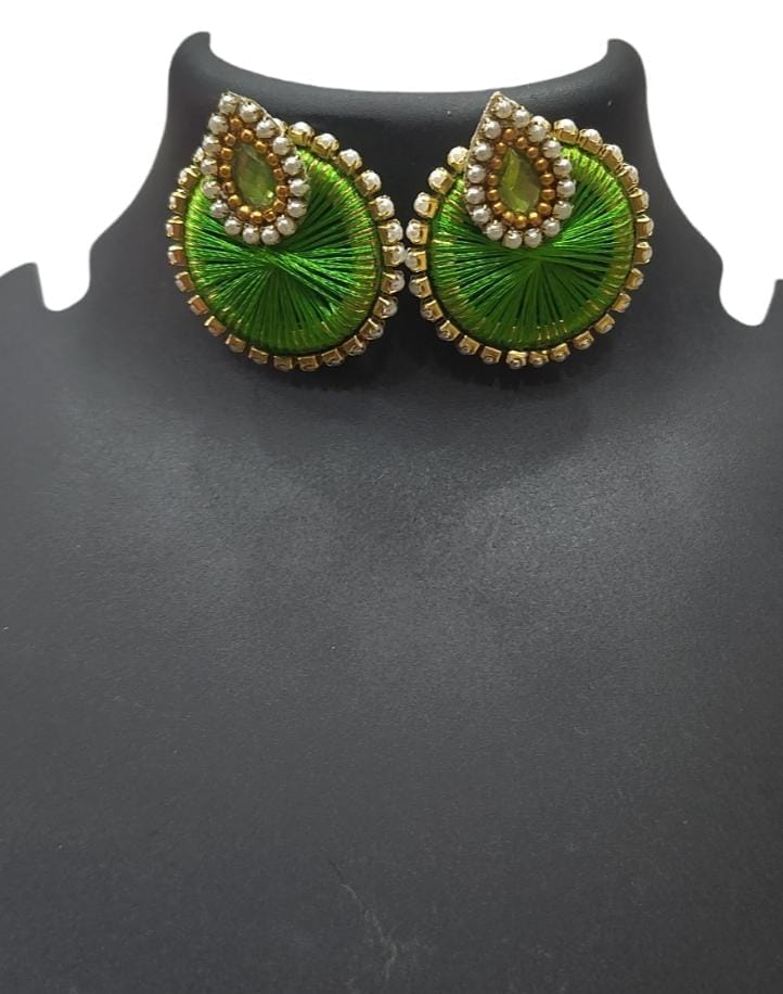 Green and gold round stud earrings with pearl and stone embellishment view 2