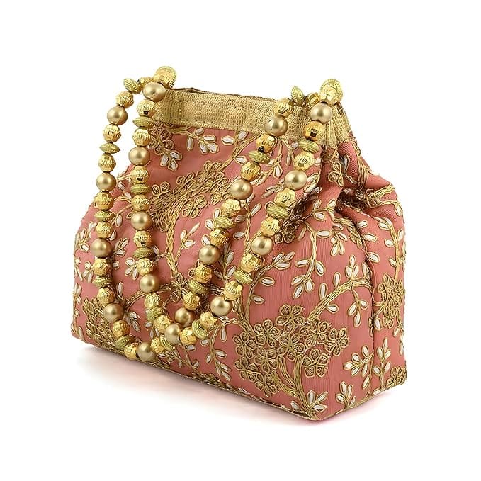 Pink Hand Embroidered Potli Bag with Pearl Beaded Handles view 2