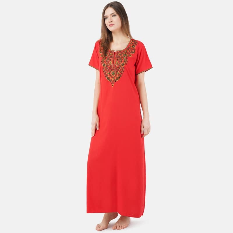 VALENCIA SLEEPWEAR lissybissy Cotton Resham Embroidery Nighty Night Gown Maxi for Women A line (KNW-63, Red, Large) view 2