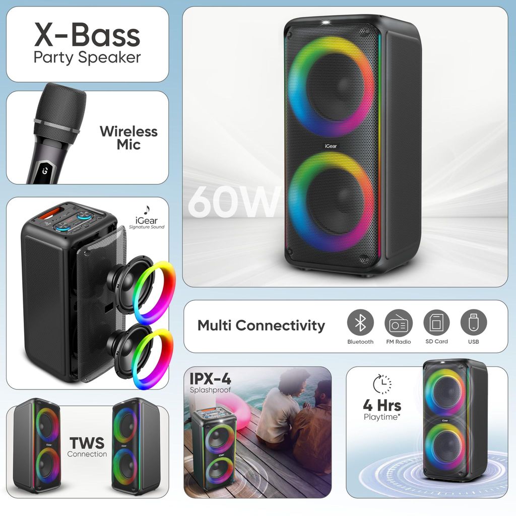iGear X-Bass 60 Ultimate 60W Portable Bluetooth Party Speaker with Dual Bass Radiators - Rechargeable Karaoke Mic, Mesmerizing RGB Lights, True Wireless Stereo (TWS), and Remote Control (Black) view 2