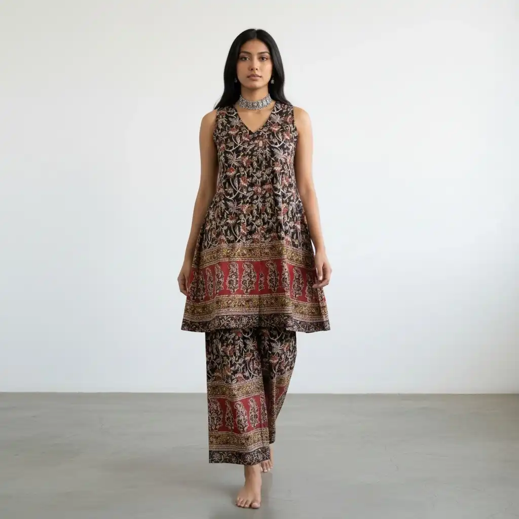 Handloom Cotton Co-Ord Set in Dark Indigo with Paisley Border view 2