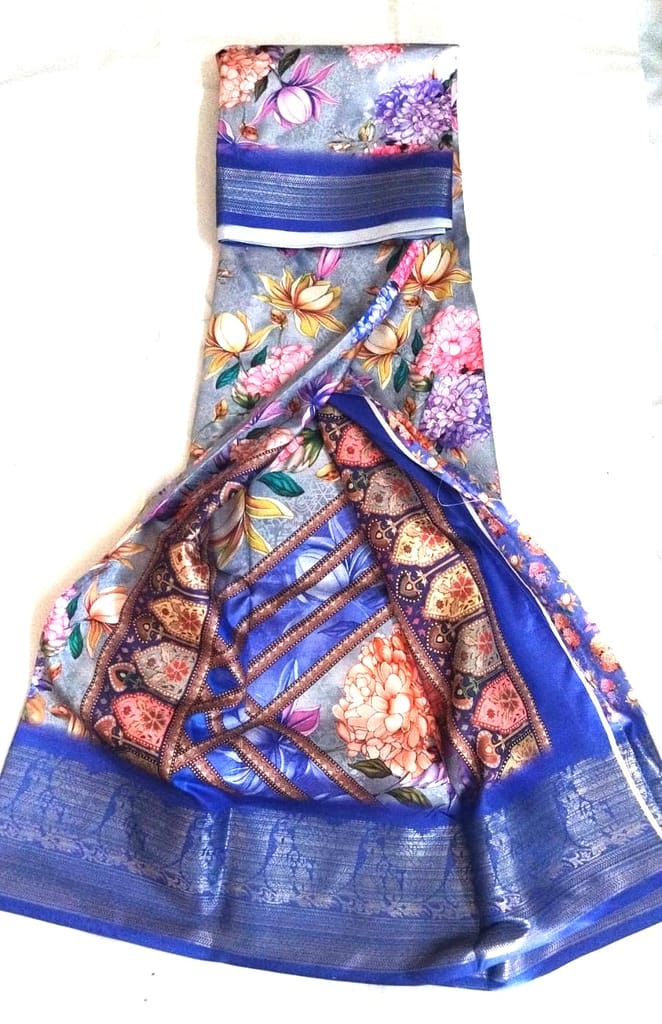 Grey Floral Saree With Blue Border view 2