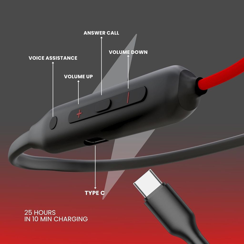 OOGE Tune 7 in-Ear Bluetooth Neckband with ENC, 3D Surround Sound, Magnetic On-Off, Voice Assistant, Type-C Fast Charging, IPX5 Sweat-Resistant, 25H Playtime,10mm PureTone Driver for Dyamic Bass (Red) view 2
