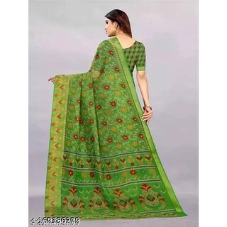 Green Colour Cotton Printed saree With Blouse Piece view 2