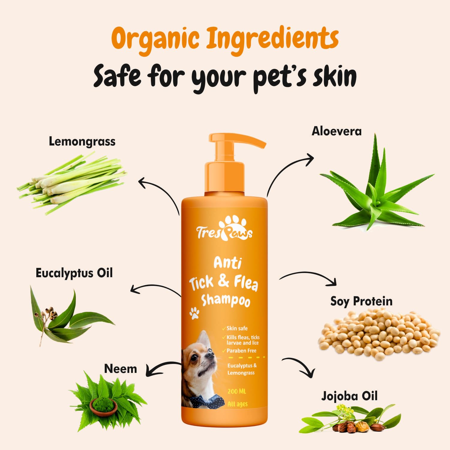 Trespaws Tick & Flea Dog Shampoo with Eucalyptus & Lemongrass | Dog Shampoo for Pomeranian, Shih tzu Puppy, German Shepherd, Labrador & Golden Retriever, Dogs Shampoo, 200 ml view 2