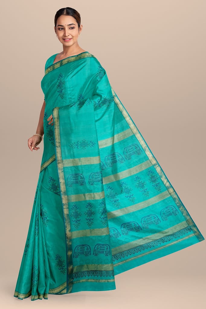 Turquoise Blue Handwoven Hand Block Print Sausar Silk Saree SKU-AS10014 view 2