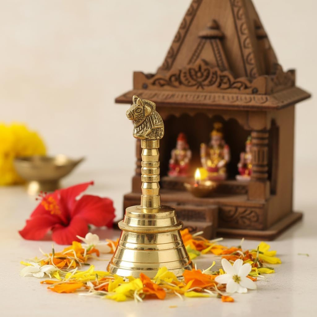 Aatm Brass Handcrafted Nandi and Om Embossed Hand Bell - Traditional Pooja Bell for Home Temple and Prayer view 2