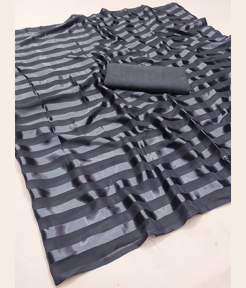 ANAND SAREES Satin Striped Saree With Unstitched Blouse Piece ( Grey ) view 2