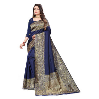 LEAFSY Woven Banarasi Pure Silk Saree (Gold, Dark Blue)