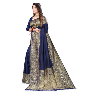 LEAFSY Woven Banarasi Pure Silk Saree (Gold, Dark Blue) view 2