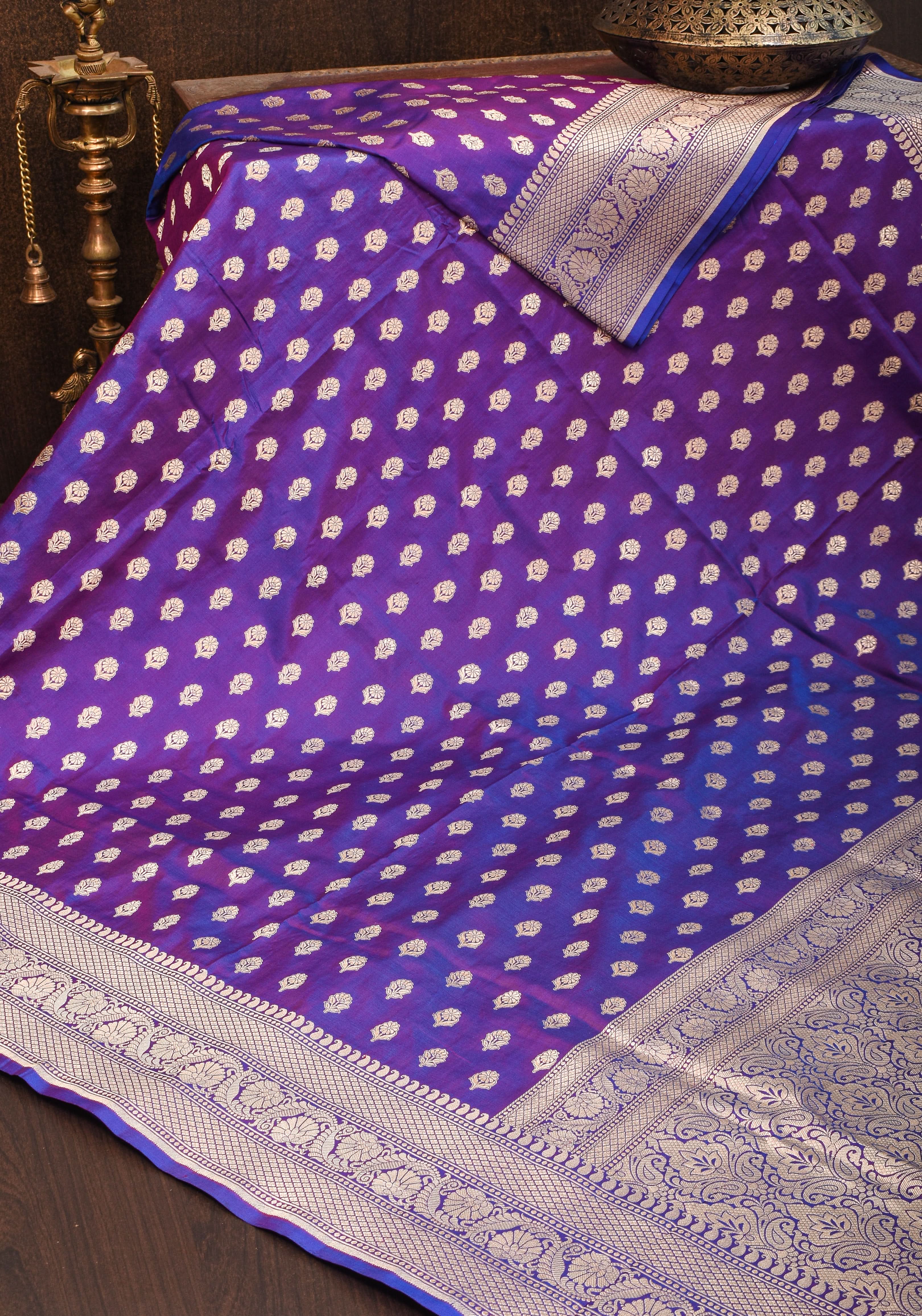 Dual tone Purple-blue Pure Katan Silk Banarasi Saree with Dense Buttas| SILK MARK CERTIFIED view 2