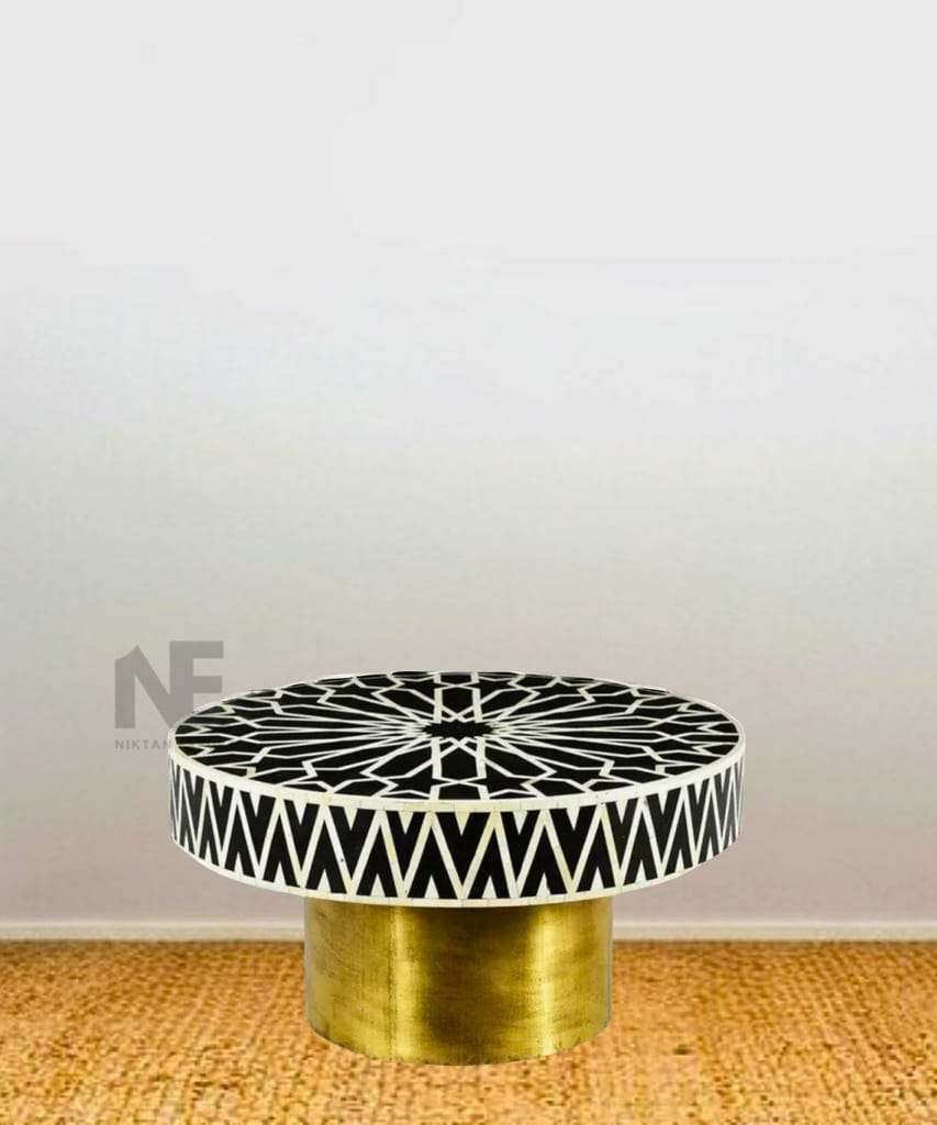 Round Black Bone Inlay Coffee Table | Handmade Center Table with Foldable Brass Legs view 2