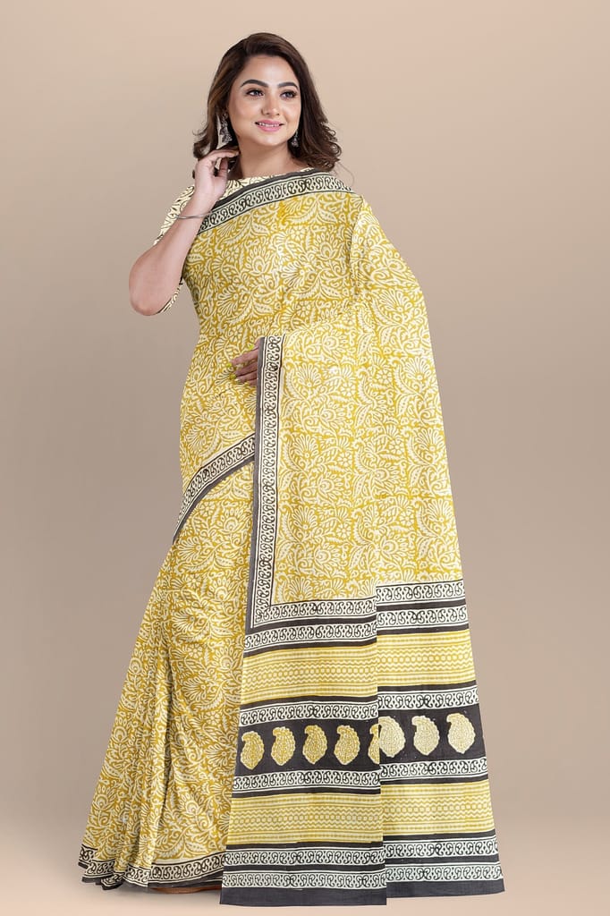 Corn Yellow Floral Motif Chippa Hand Block Print Malmal Cotton Saree SKU-AS10077 view 2