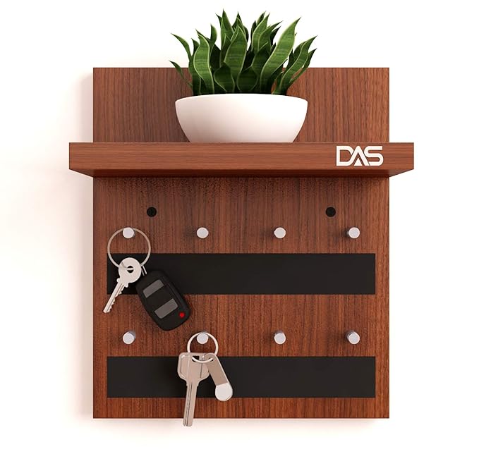 DAS Wall Mounted Home Dcor Key Chain Holder/Organizer Key Hooks with Wall Shelf Display Rack Classic Walnut (8 Knobs)- Larose view 2