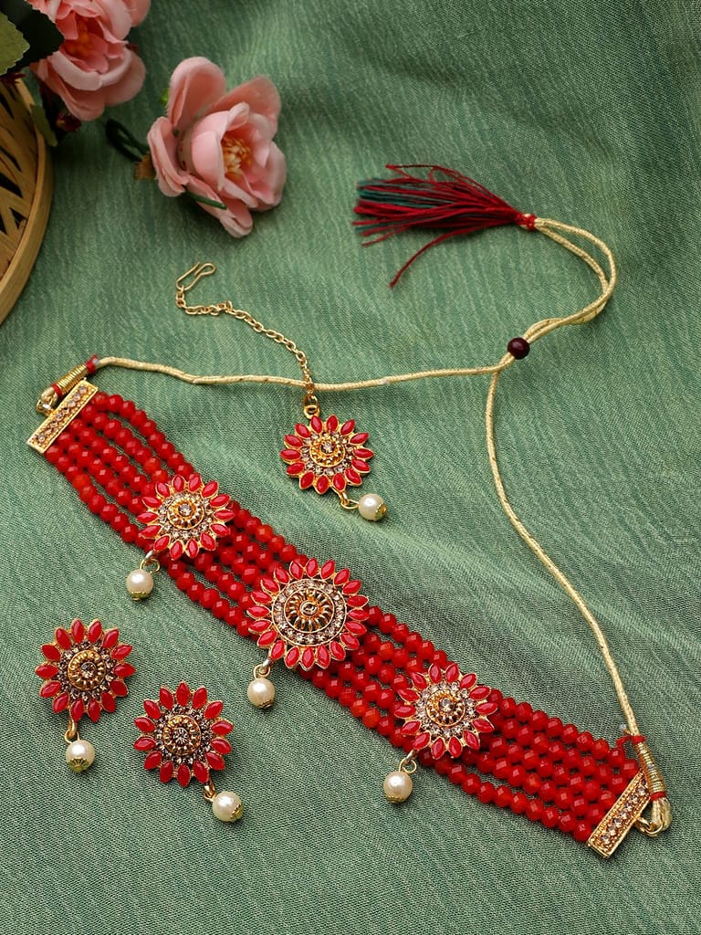 Cardinal Gold Plated Brass Red Color Onyx Multistring Choker Necklace Se & Maang Tika view 2