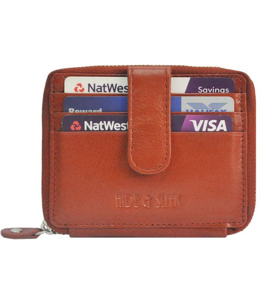 Hide&Sleek RFID Protected Brown Genuine Leather Card Holder with Metal Zipper Clouser view 2