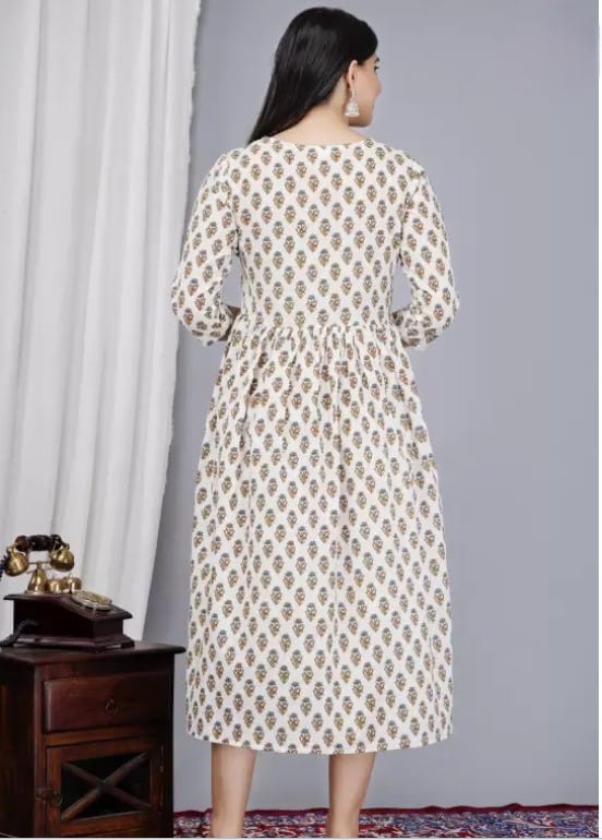 IndiVibes Women's Cotton Floral Printed Anarkali Maternity Feeding Kurti with Zipper/Maternity Gown (Cream&Brown) view 2