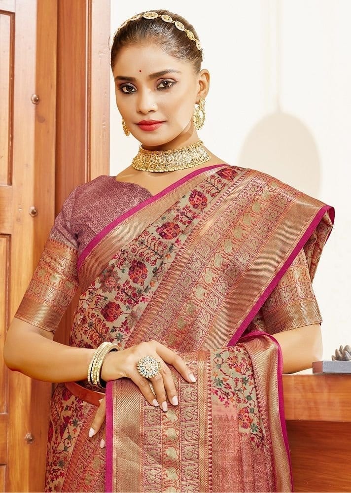 Digital Printed Art Silk Saree in Beige view 2