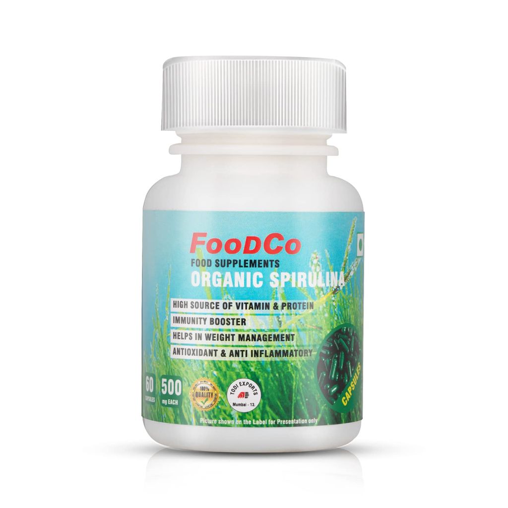 FOODCO Organic Spirulina Capsules,Rich In Antioxidants,Immune Support,High In Amino Acids Certified & Natural Gluten-free High Source Of Vitamin & Protein Immunity Booster (Box Contain 60 capsules) view 2