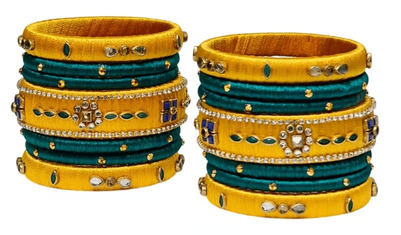 Yellow & Green Silk Thread Bangles Set view 2