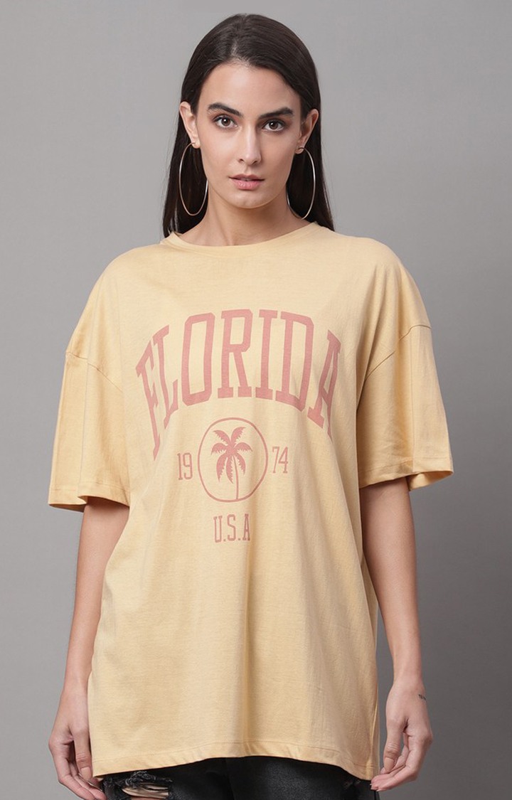 Women's Beige Graphic Oversized T-Shirts