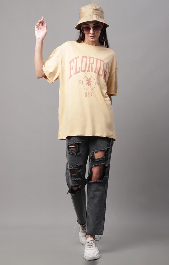 Women's Beige Graphic Oversized T-Shirts view 2