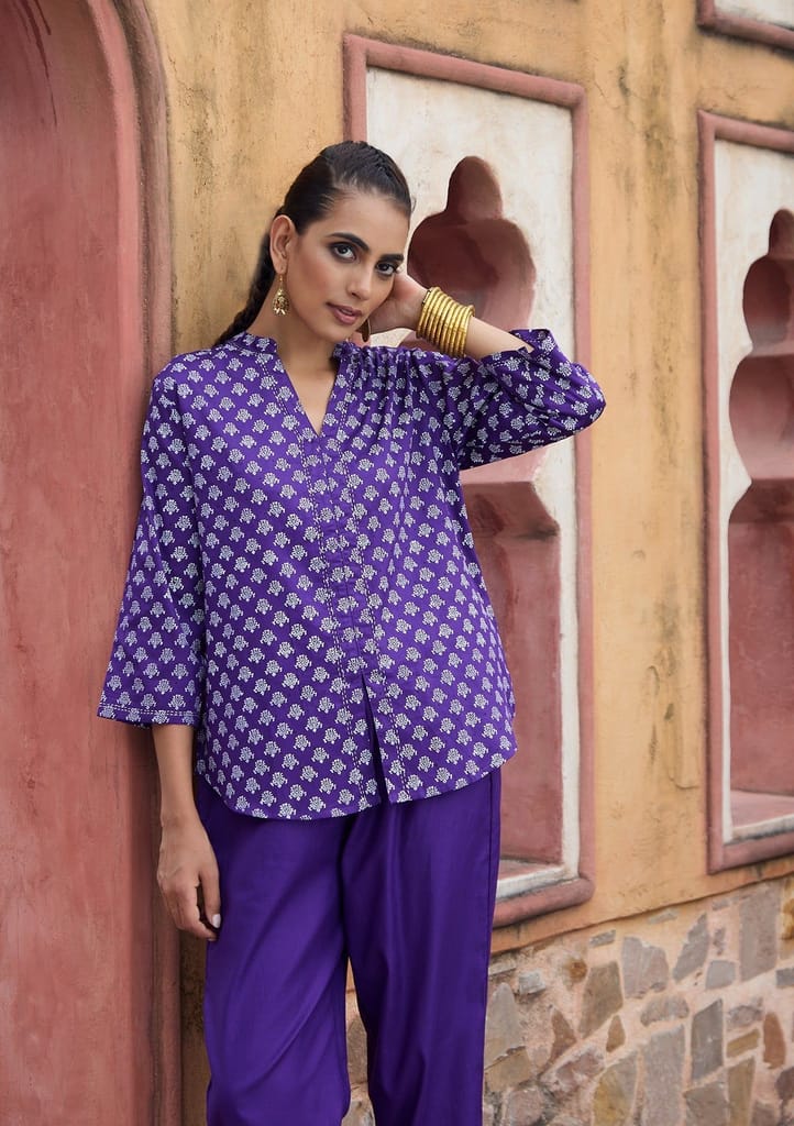 HOC Crafts Glazed Cotton Hand Block Printed with Hand Embroidery Women's Short Kurta - Dark Purple view 2