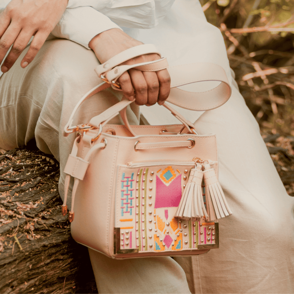 Nora Vegan Leather Embroidered Sling Bag - Almond view 2