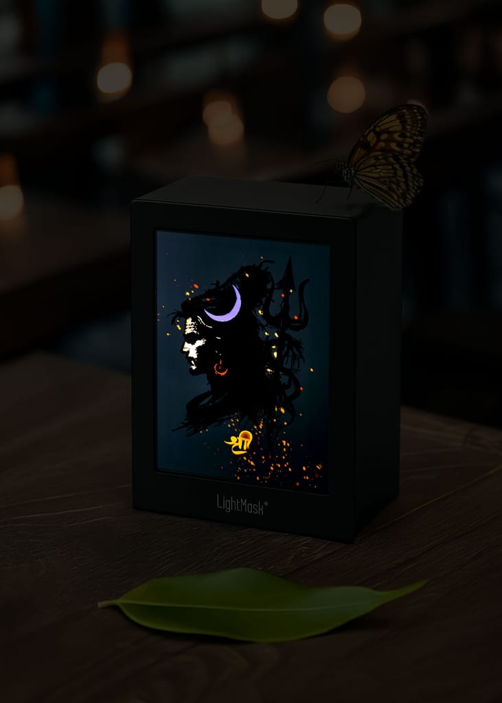 Tranquil Shiva Shadow Box Frame | Side Face with Glowing Moon & Trishul view 2