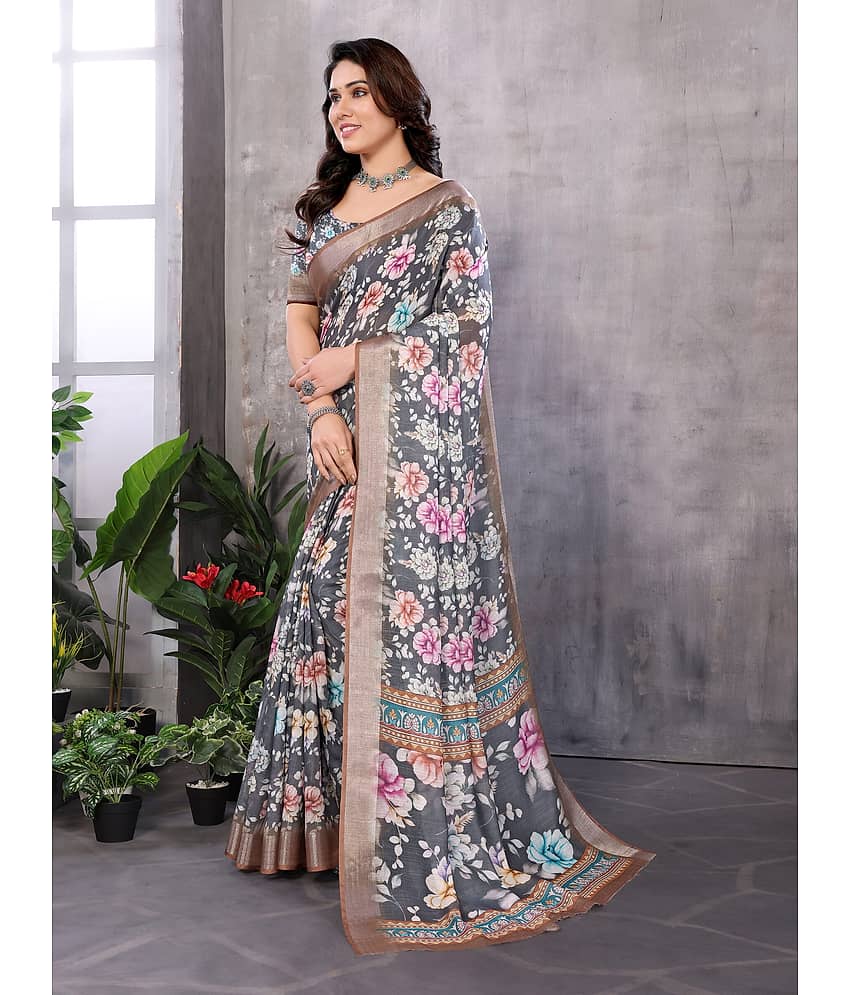 NightBlue Linen Printed Saree With Unstitched Blouse Piece ( Black ) view 2