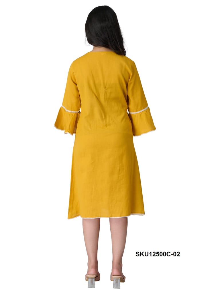Teal Cotton V-Neck Pleated Bell Sleeve Midi Dress view 2
