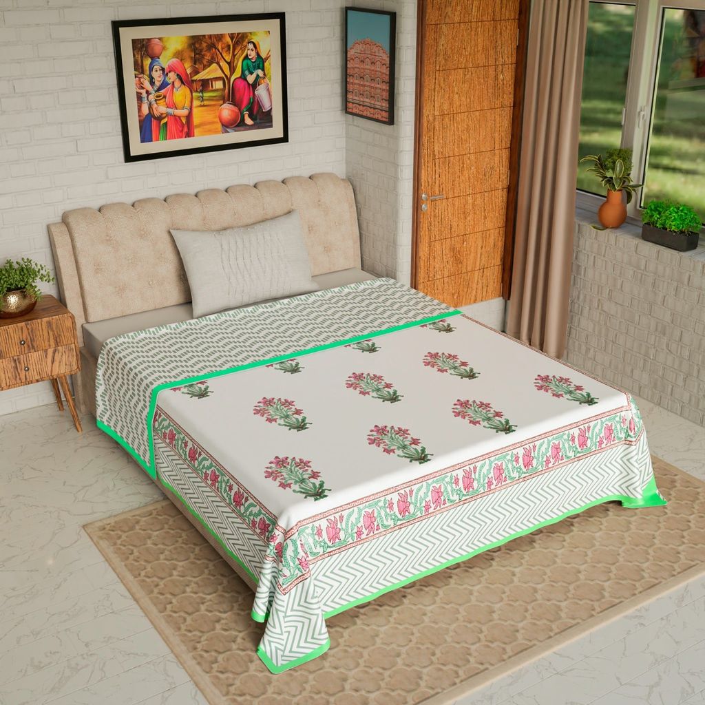 Cotton Blanket - Single Dohar ( 60 x 90 Inches) Green Pink Plant