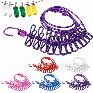 Cloth Drying Rope, Elastic 12 Clips Cloth Hanging Rope Non-Slip Clotheslines for Outdoor Indoor Travel Laundry Drying