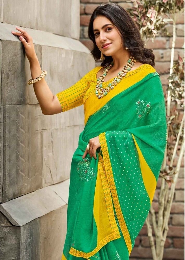 Green Color Foil Print Chiffon Saree With Fancy Border And Fancy Blouse Piece view 2