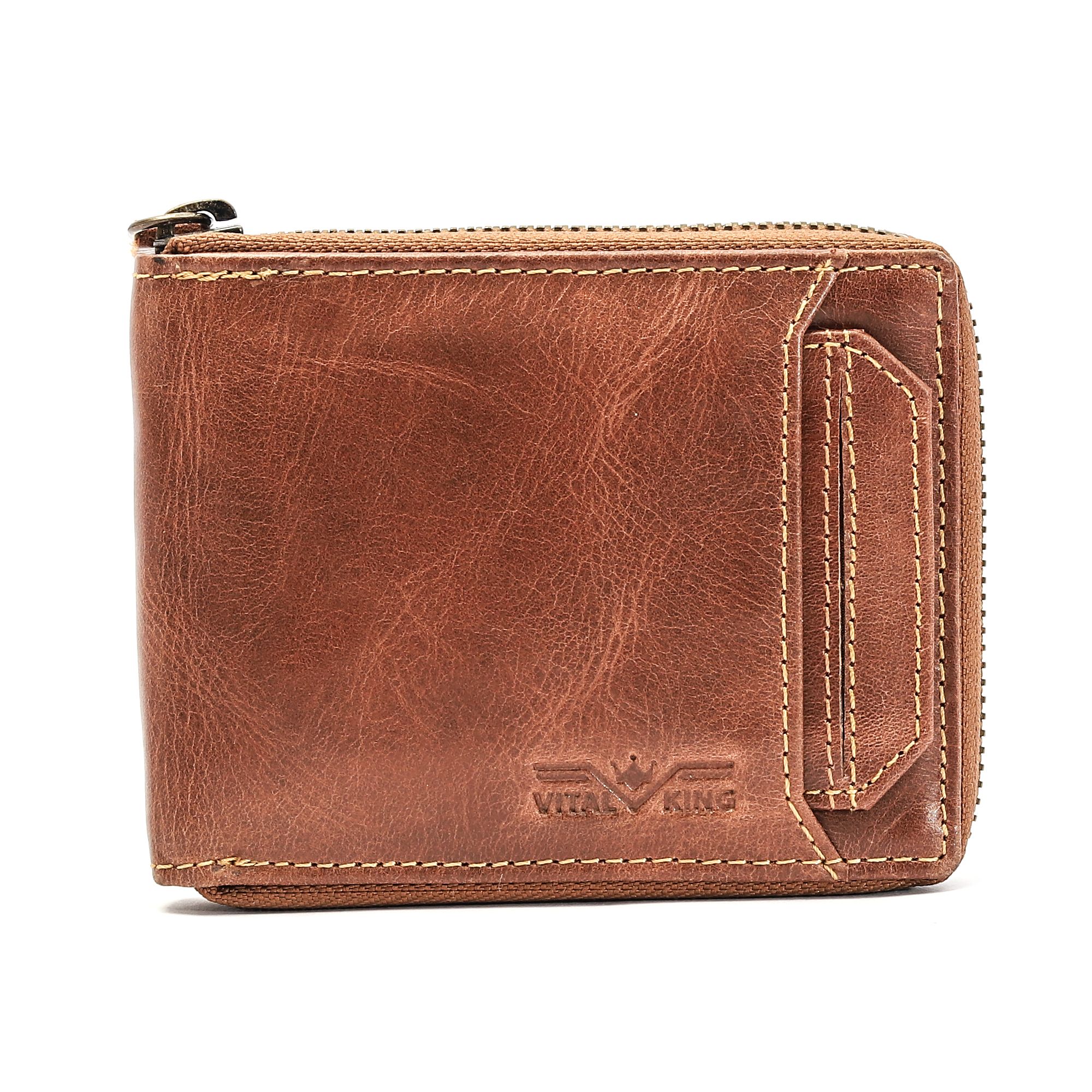 Vital King Men Travel Tan Genuine Leather RFID Wallet (12 Card Slots)