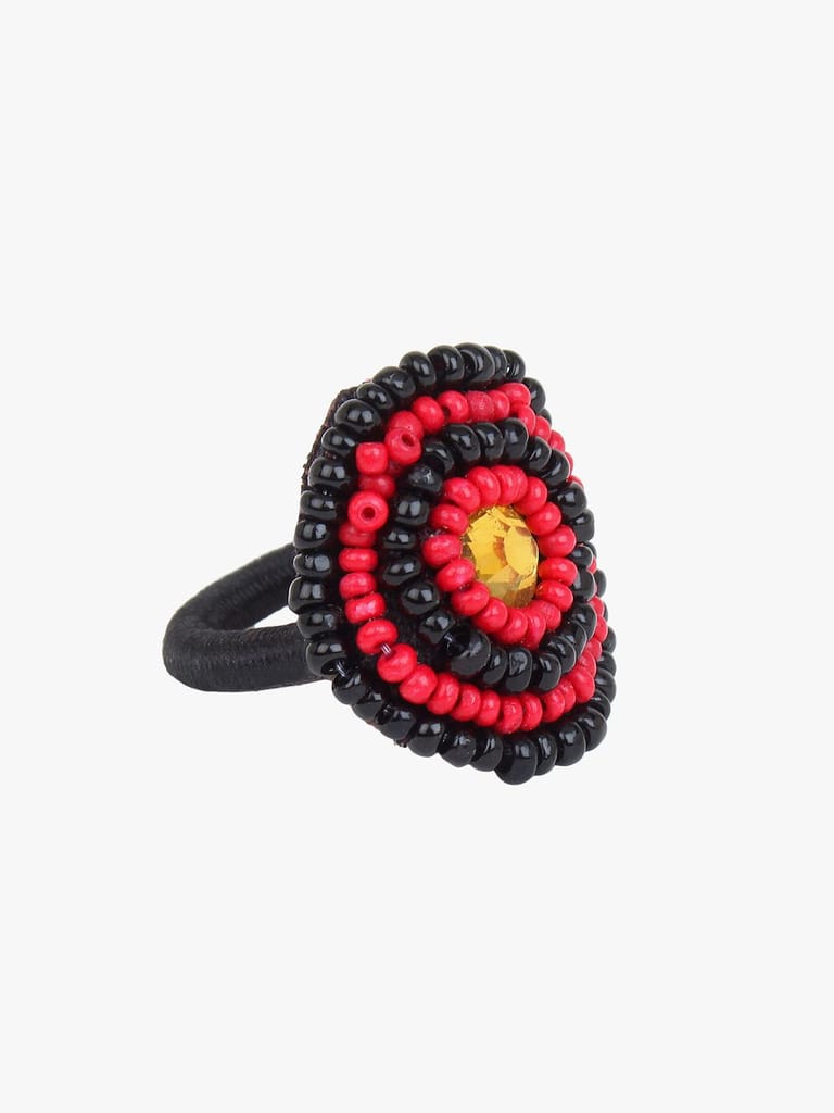 Cardinal REd & Black Stone Beads Weaving Handmade Adjustable Ring view 2