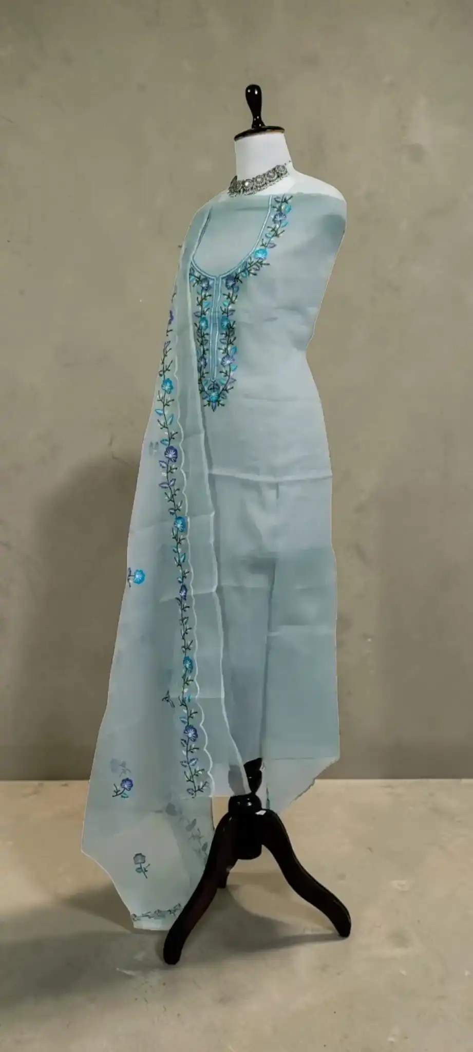 Kota Doria Handloom Dress Material with Blue Floral Gota Patti Yoke view 2