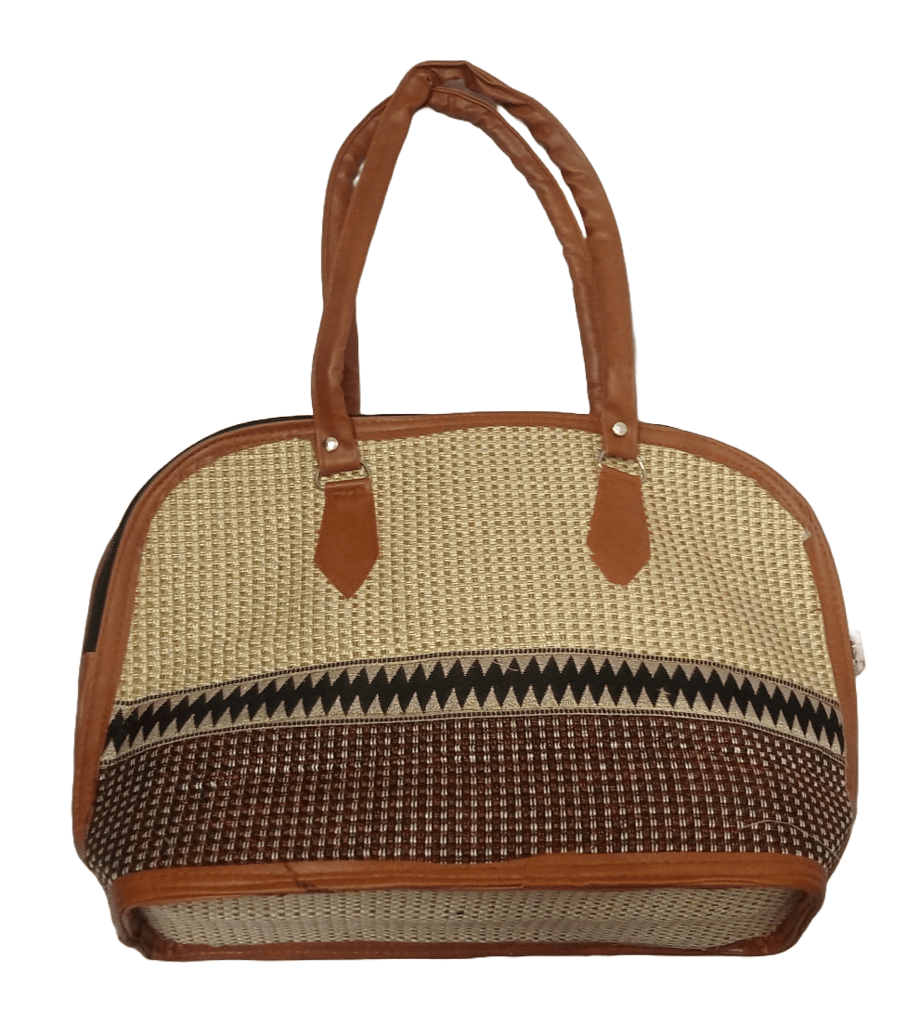 Handwoven Jute Tote Bag with Leather Handles and Geometric Print view 2