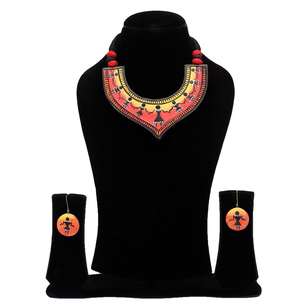 Le bijouxistic EKAM EK terracotta warli inspired necklace set with earrings for women view 2