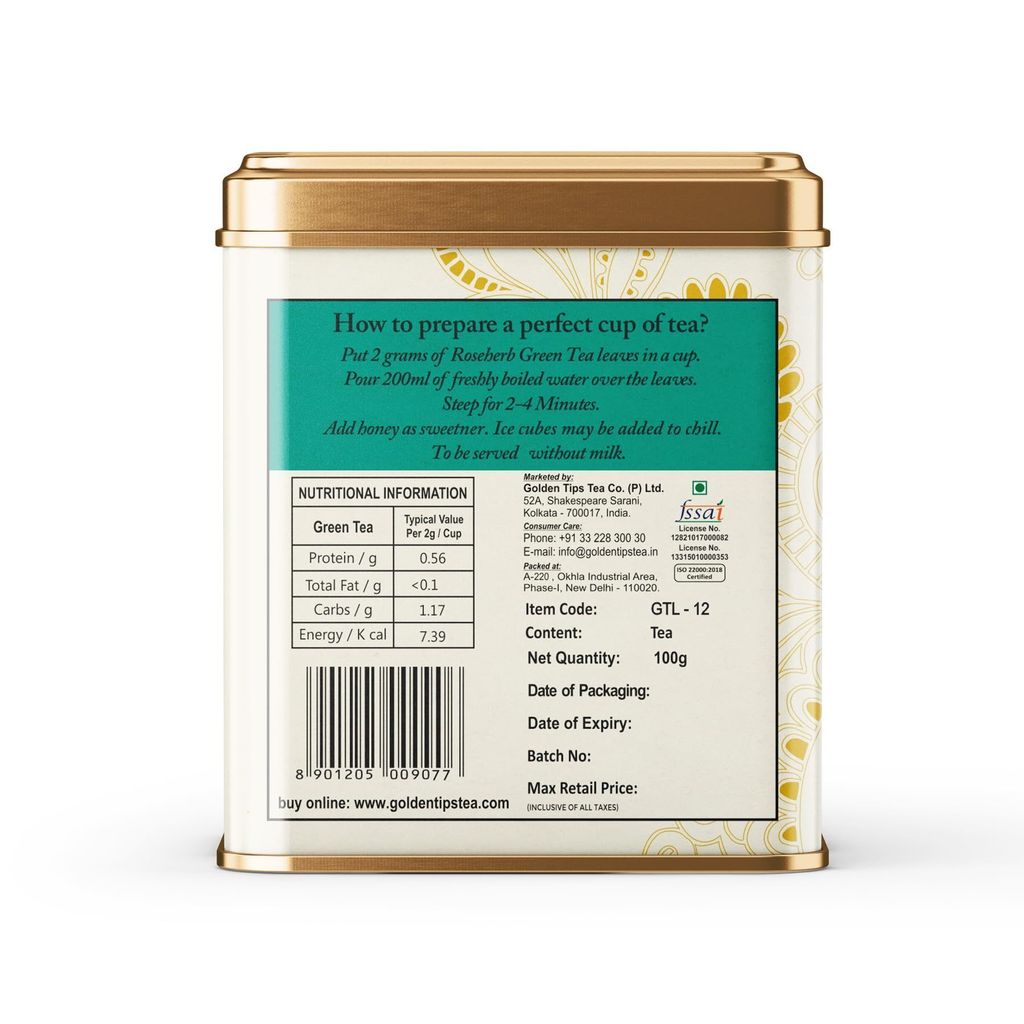 Golden Tips TEA | Healthy/Natural and Organic Loose Leaves Rose-Herb Green Tea Tin Can (100 Gram, 50 cups) view 2