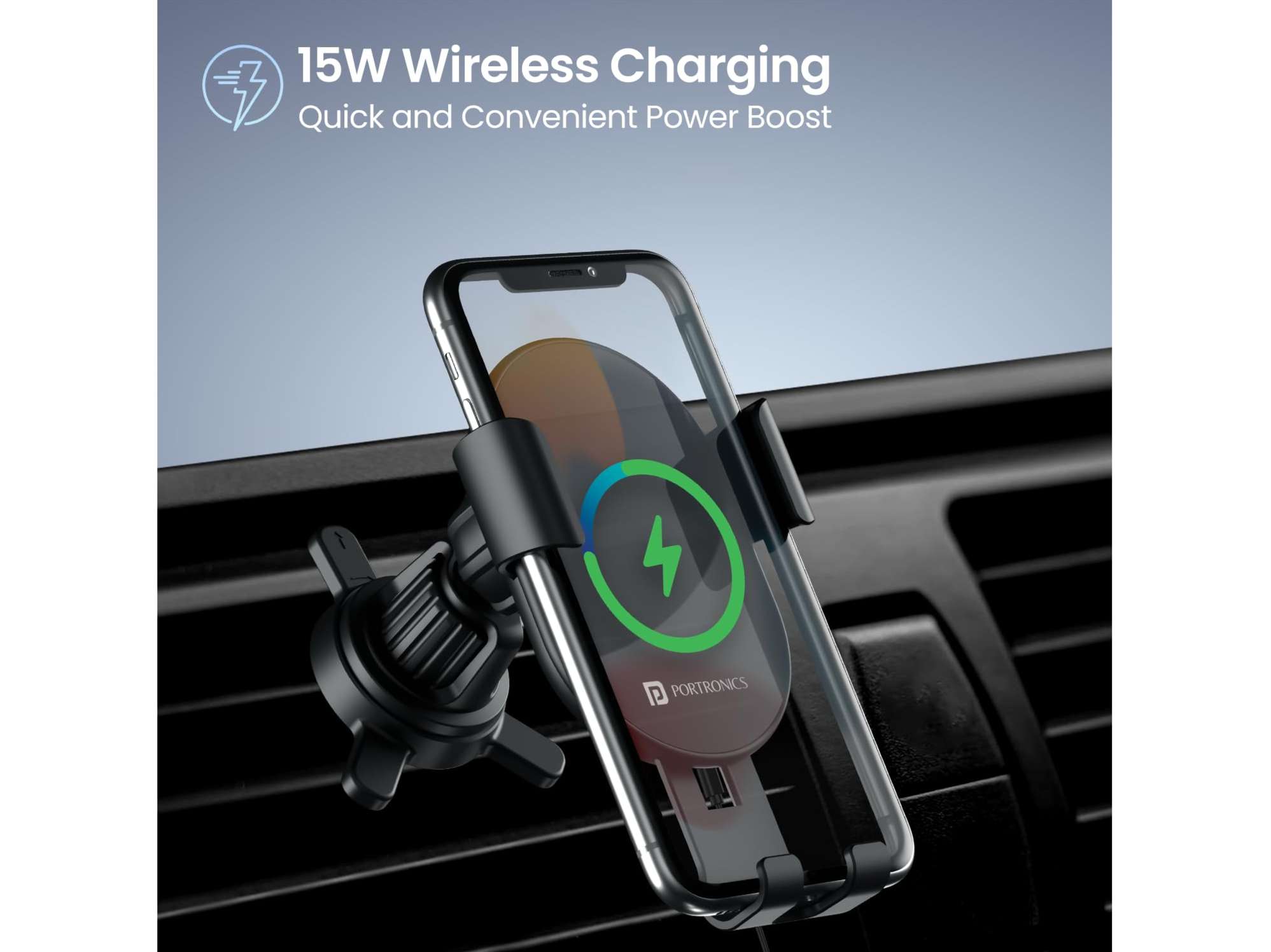 Portronics Charge Clamp 4 Wireless Car Charger with 15 Watts Fast Charging, AC Vent Mount, 360 Rotation, Strong Grip, Free Type-C Cable, Qi Charger for iPhone & Android Smartphones view 2