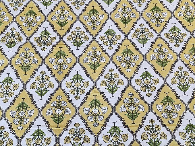 Bedsheet Set Floral Printed Cotton with Pillow Covers, Intricate Ethnic Rajasthani Design, 100% Cotton, 210 x 226 cm, Yellow & Green Color,Best for Single Bed & Big Deewan Sets view 2