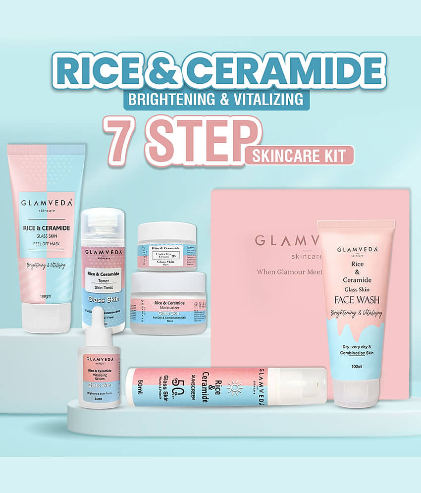 Glamveda Korean Glass Skin Rice & Ceramide 7 Step Weekly Skincare Routine For Women with Gift Box | Face wash, Peel Off Mask, Toner, Serum, Under eye cream, Moisturizer & Sunscreen