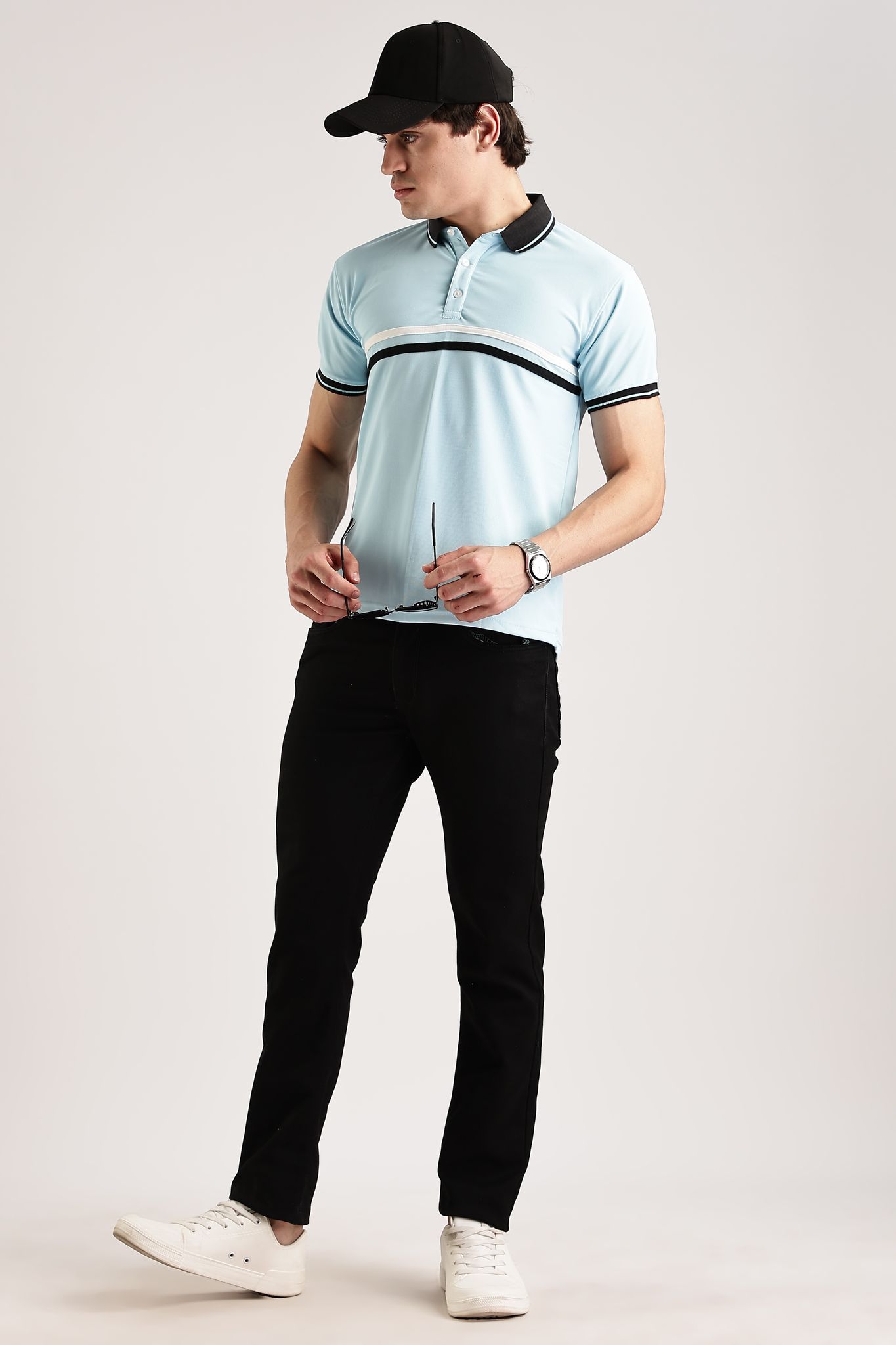 Polyester Sky Blue Striped Polo view 2