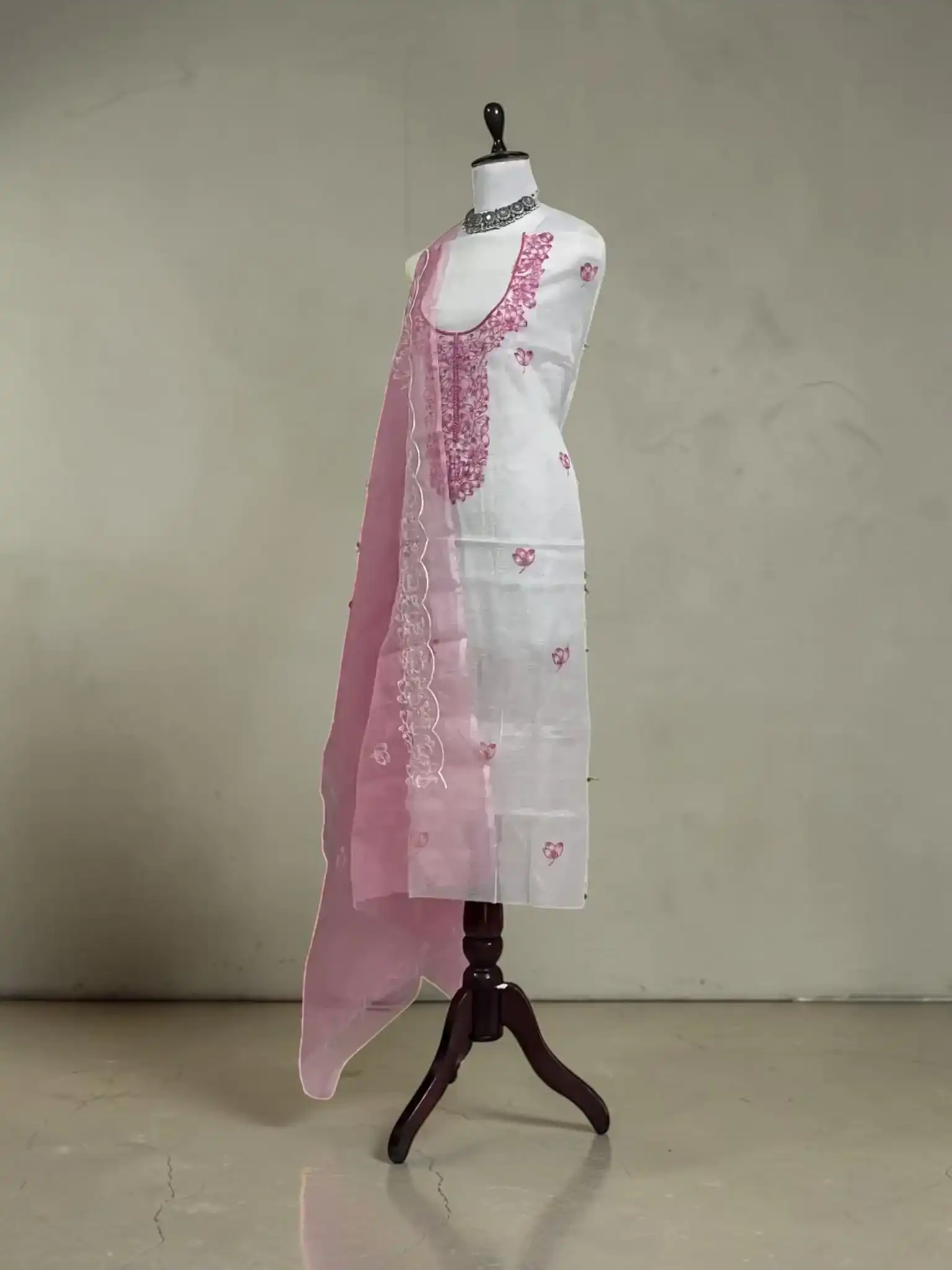 Handwoven Kota Doria Dress Material with Hand Embroidery, Magenta Pink view 2