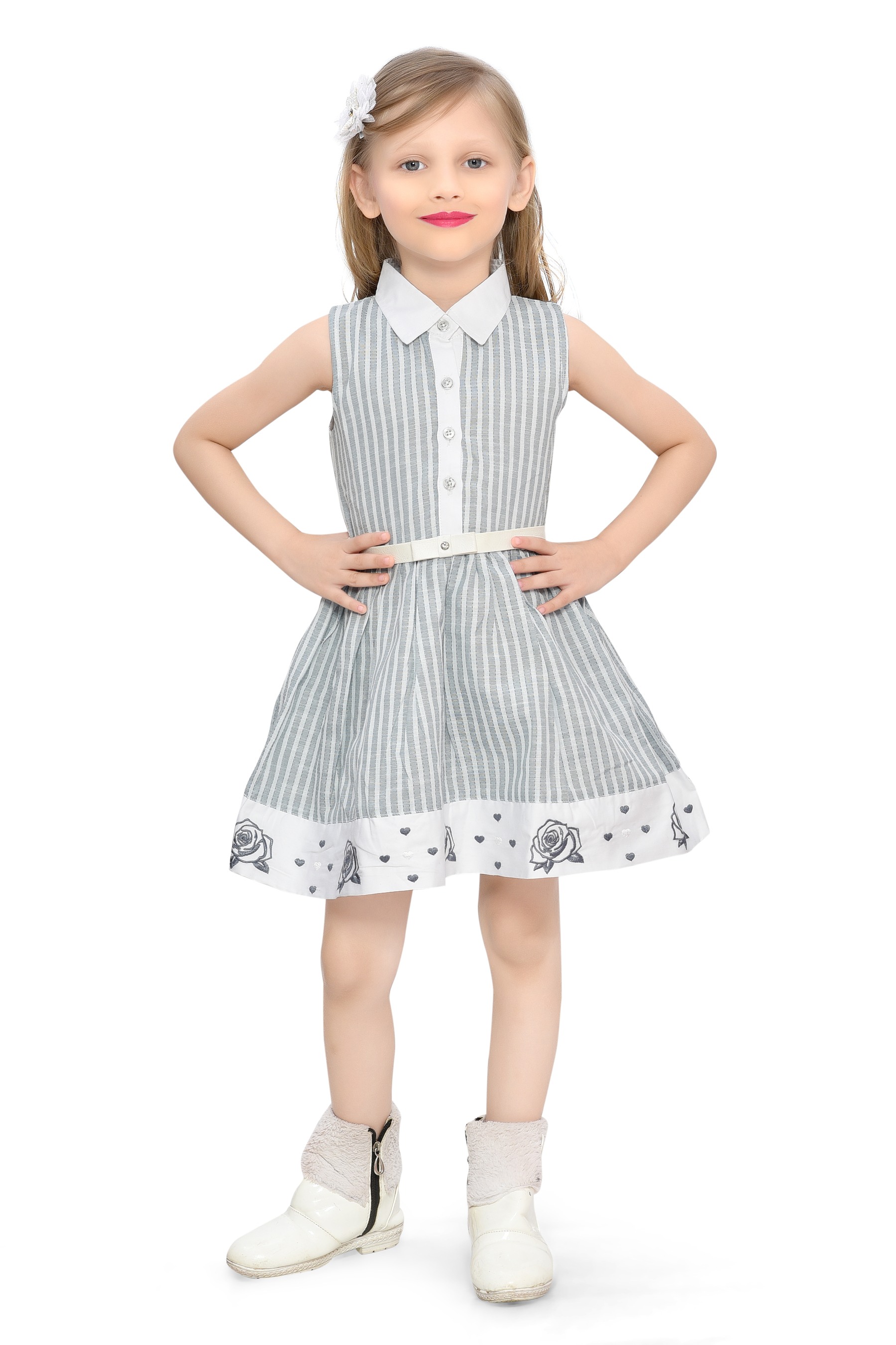 Be:Kids Grey Sweet Summer Stripes and Roses Cotton Dress with Peter Pan Collar view 2