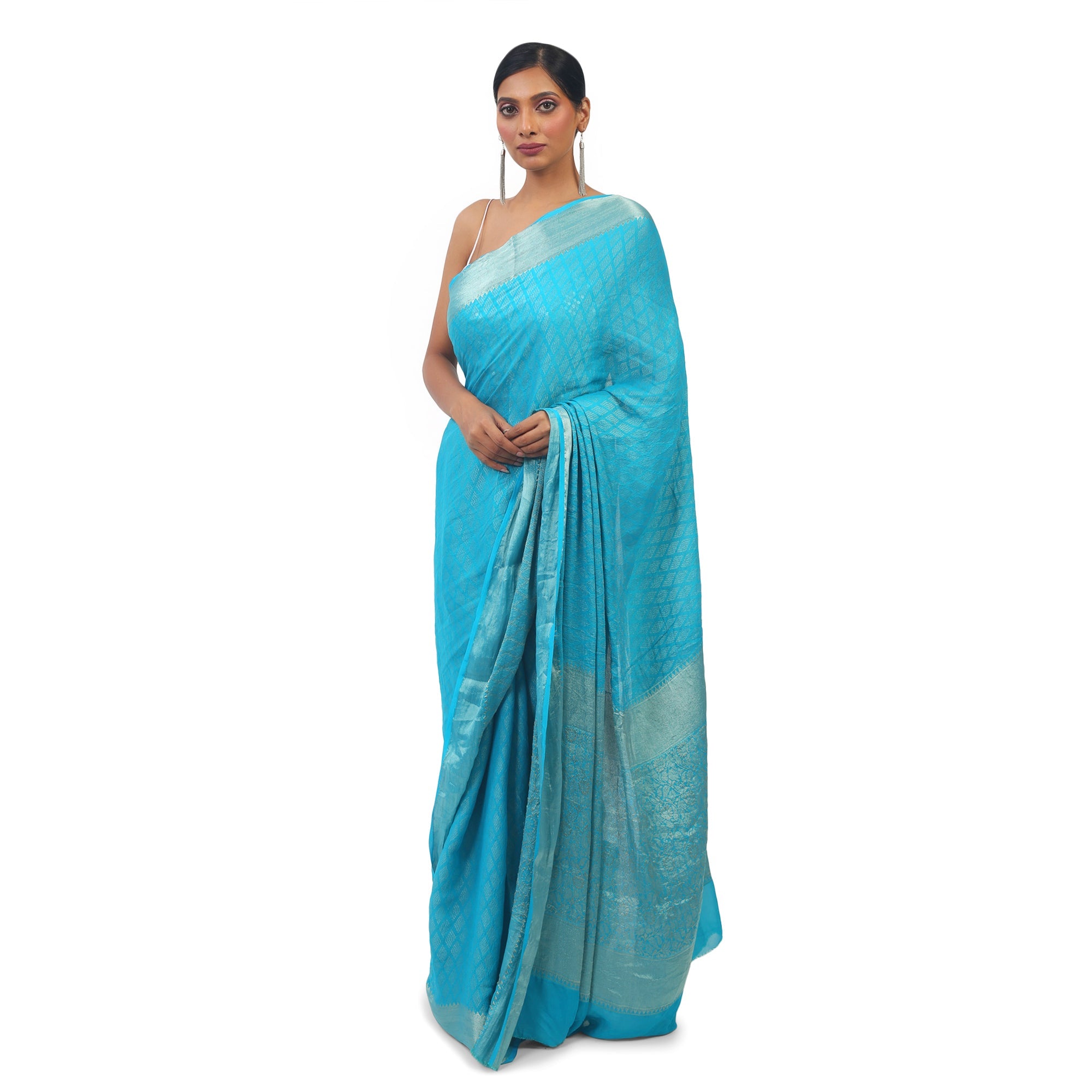 TheHangr Soft Georgette Designer Sky Blue Saree With Silver Work view 2