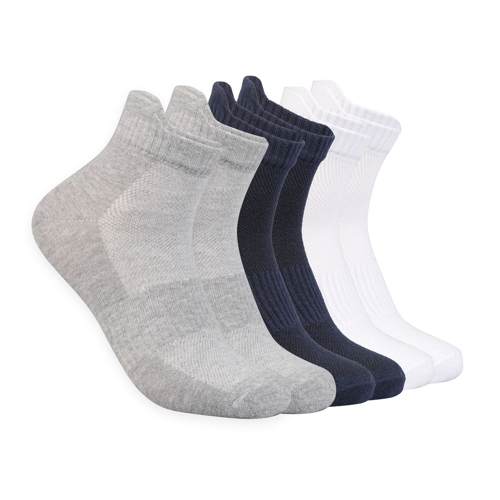 Vayu Lifestyle Coastal Trio Nylon Cotton Ankle Socks – Pack of 3 for Men & Women (White, Navy, Grey)