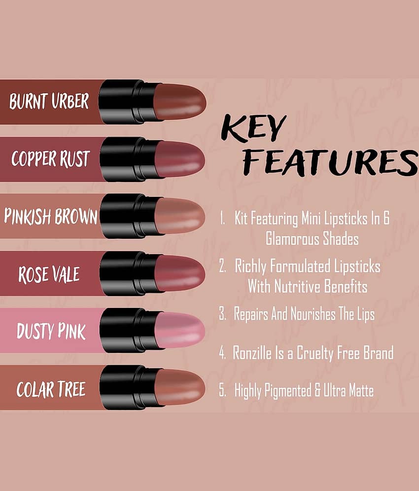 Ronzille 6 Pcs Too Glam To Give A Damn Matte Bullet Lipsticks 1G Each - Nude Edition view 2