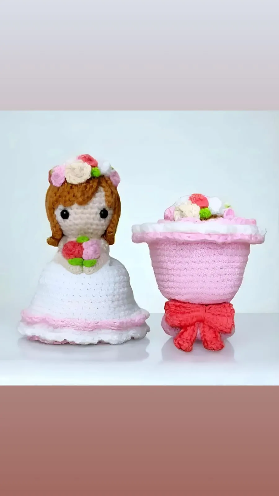 Handmade Crochet Bride Doll & Flower Basket Set